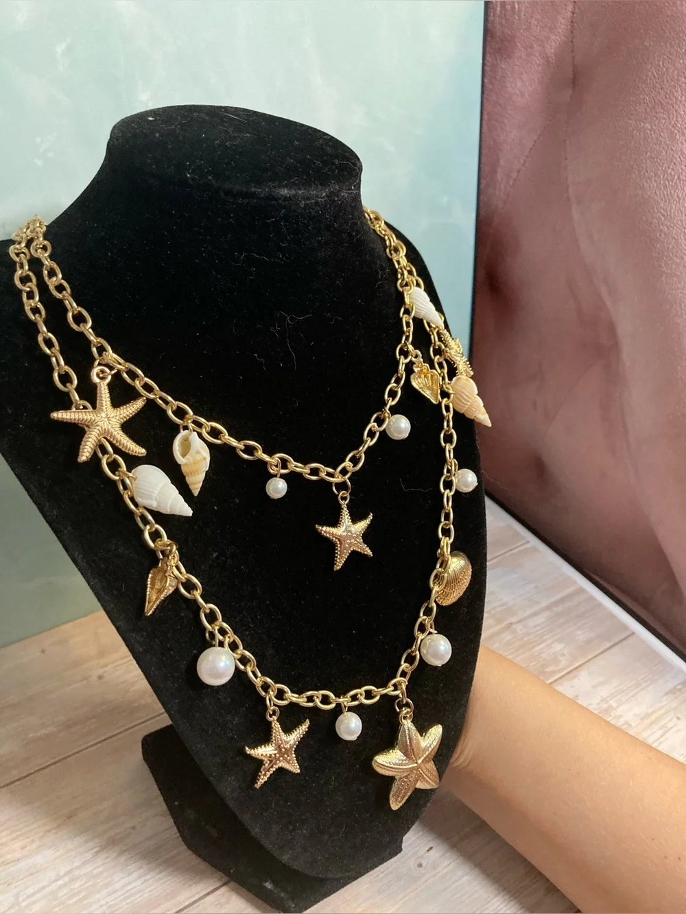 Gold Toned Seashell & Starfish Layered Necklace with Pearls